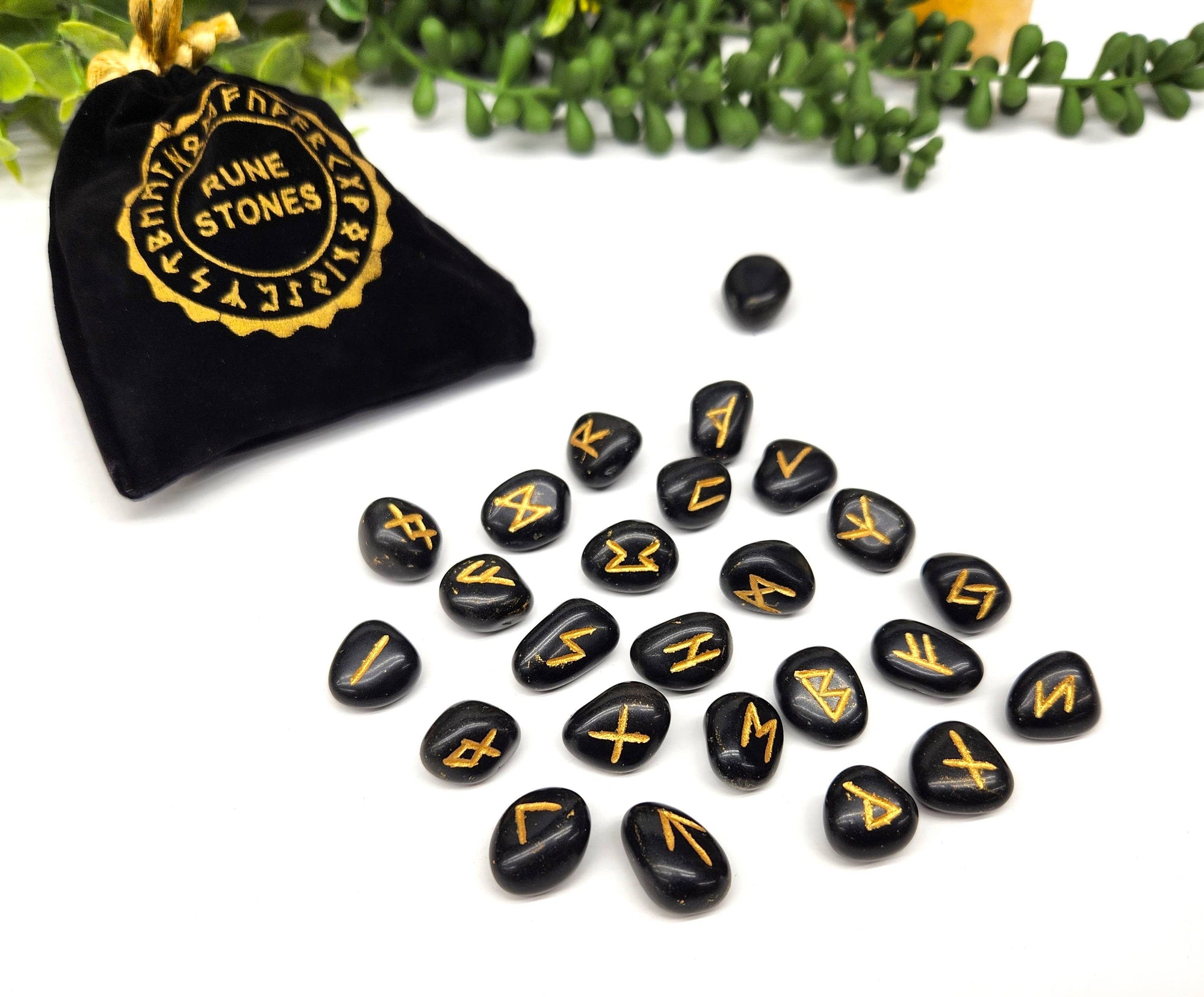 Black Agate Gemstone Rune Sets with Velvet Pouch