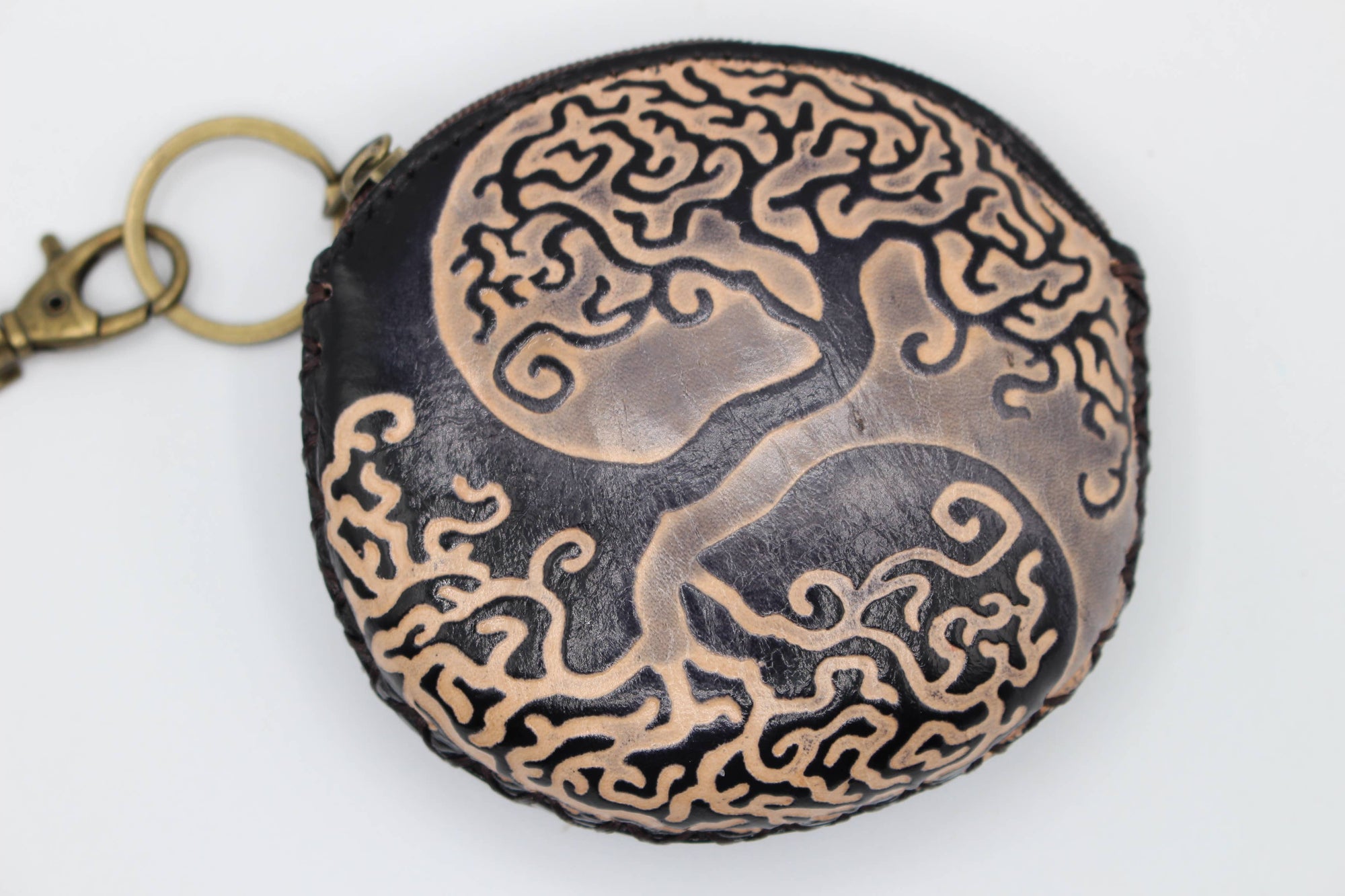 Handmade Leather Yin Yang Tree of Life Coin Purse