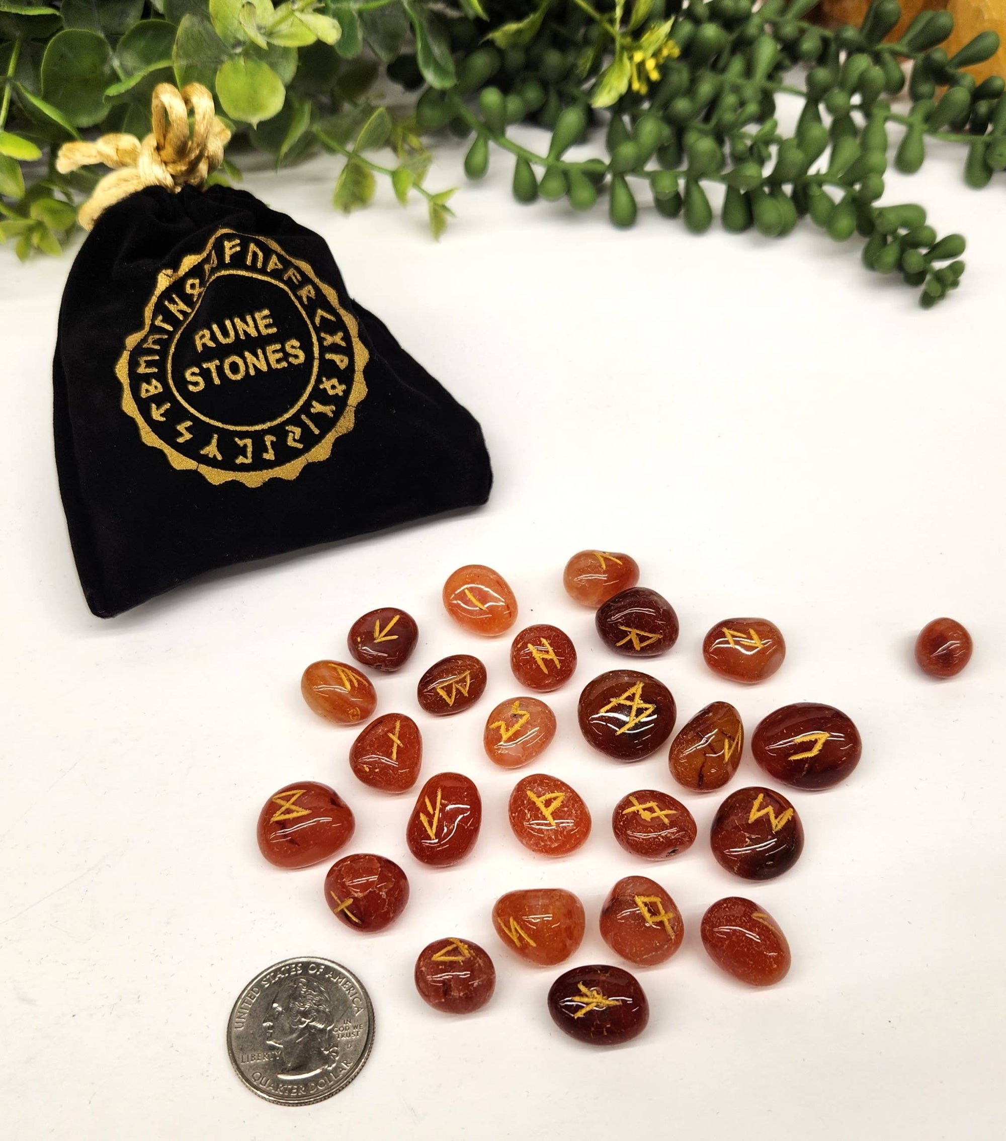 Carnelian Semi-Precious Gemstone Rune Sets with Velvet Pouch