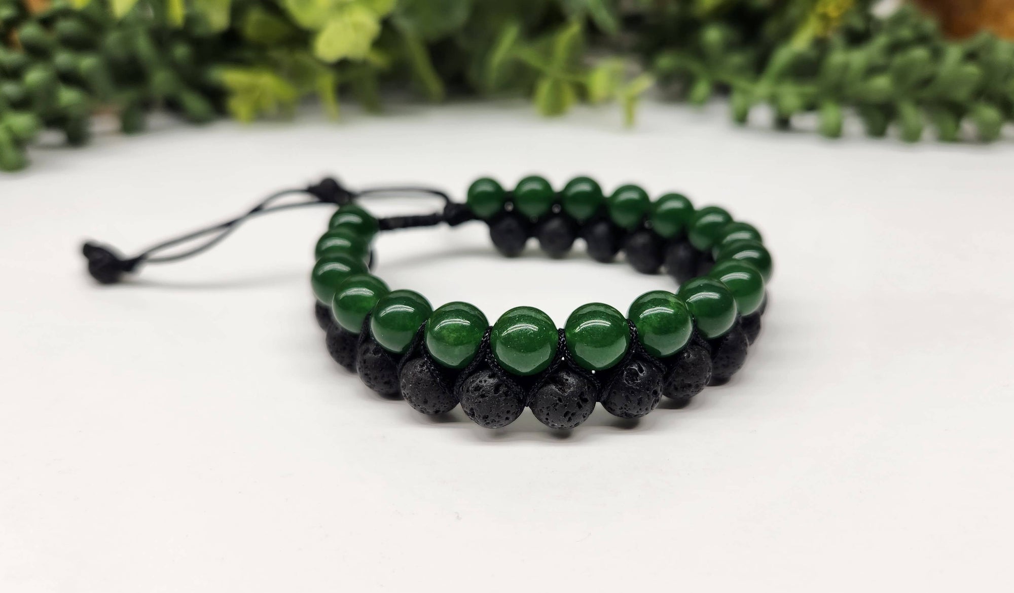 Jade (Green) with Black Lava Woven Adjustable 8mm Beads