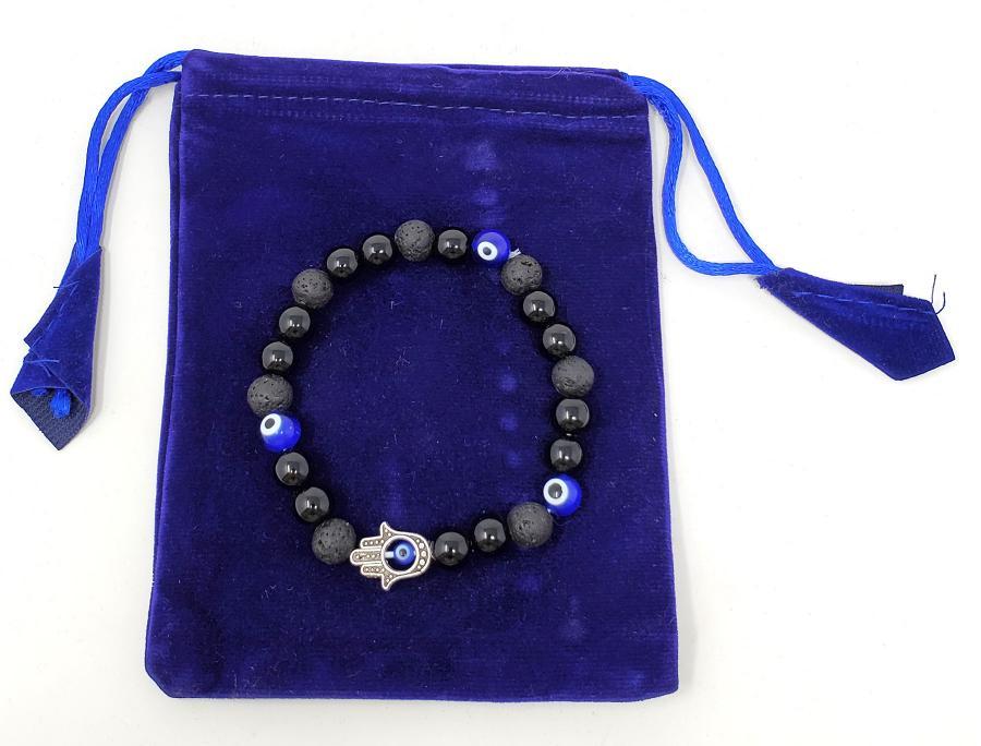 Evil Eye & Lava Bead Gemstone Bracelet with Hamsa Metal Bead w/ Velvet Bag