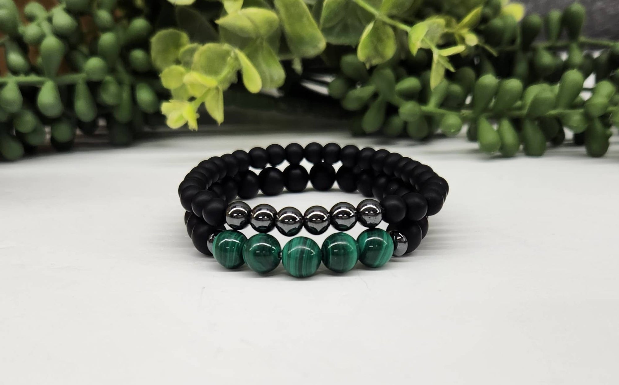 Malachite/Hematite/Matte Black Obsidian (Two Bracelet Set)