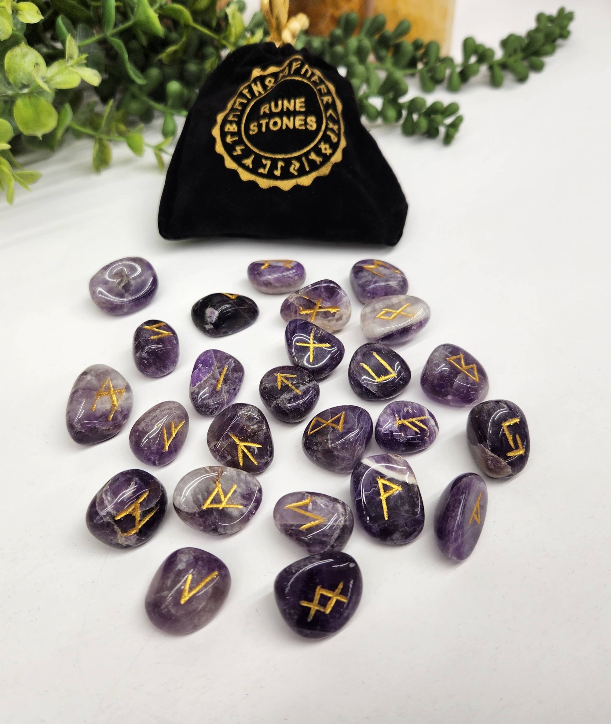 Chevron Amethyst Gemstone Rune Sets with Velvet Pouch