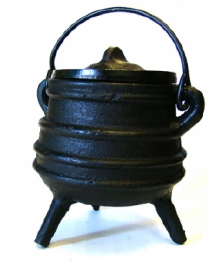 Ribbed Cast Iron Cauldron with Lid 3"D 4.5"H